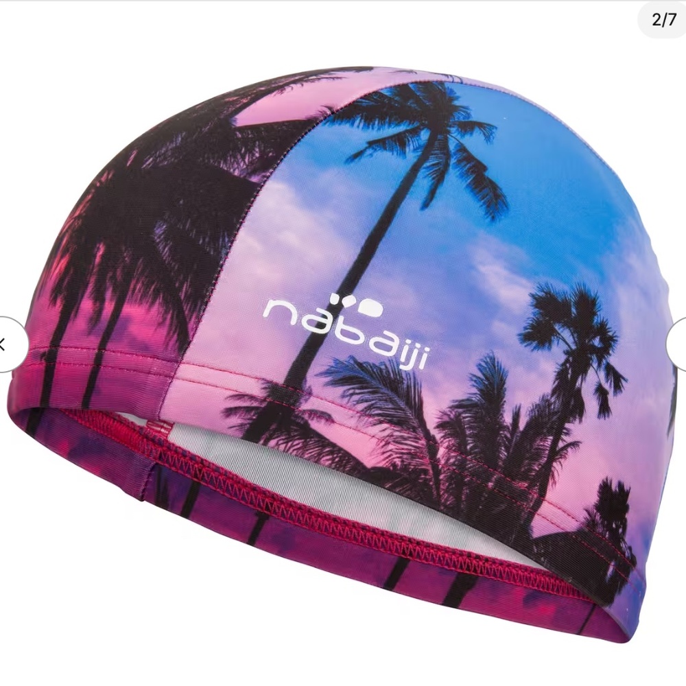 Nabaiji Decathlon swim cap adult size Palm Trees Blue Pink Sunset Sunrise